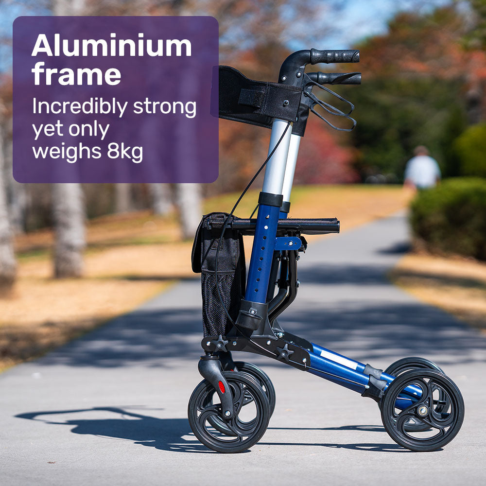 NNEMB Foldable Aluminium Walking Frame Rollator with Bag and Seat-Blue