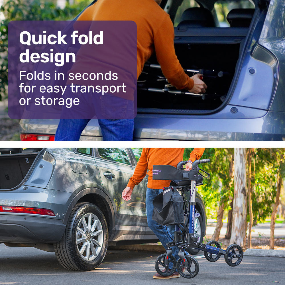 NNEMB Foldable Aluminium Walking Frame Rollator with Bag and Seat-Blue