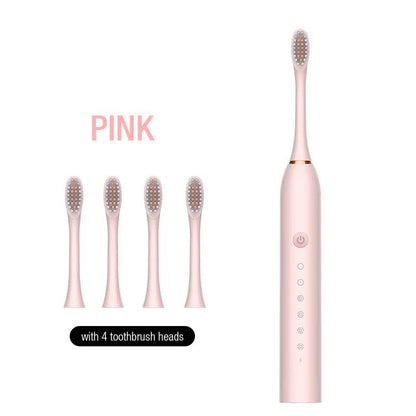 NNEDSZ X-3 Sonic Electric Toothbrush, 4 Replacement Brush Heads, and USB Charging Cable - Sleek Pink Design