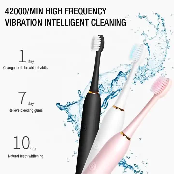 NNEDSZ X-3 Sonic Electric Toothbrush, 4 Replacement Brush Heads, and USB Charging Cable - Sleek Pink Design